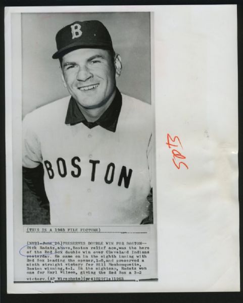 DICK RADATZ Preserves Double Win 1963 Boston Red Sox Vintage News Wire Photo