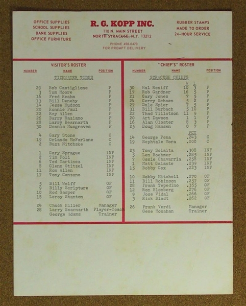 1970 Syracuse Chiefs vs. Tidewater Tides Scorecard Program SIGNED 