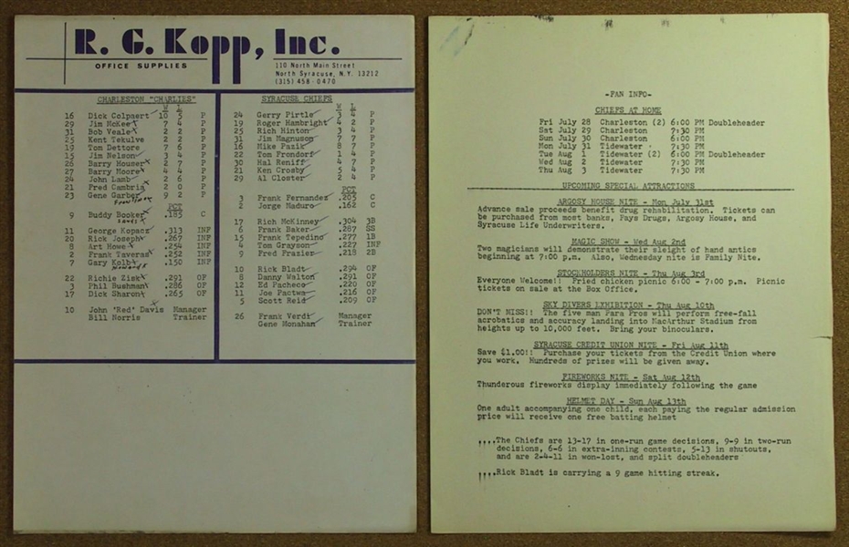 1972 Syracuse Chiefs vs. Charleston Charlies Scorecard Program & Ticket Stub