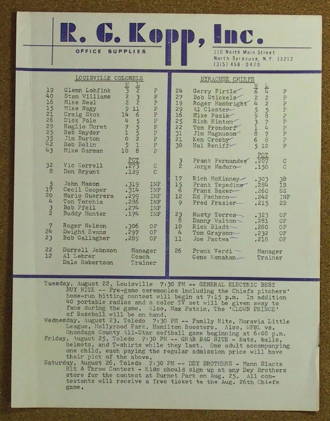 1972 Syracuse Chiefs vs. Louisville Colonels Scorecard Program w/ Roster Scored