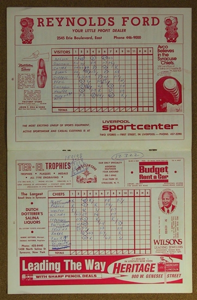 1972 Syracuse Chiefs vs. Louisville Colonels Scorecard Program w/ Roster Scored