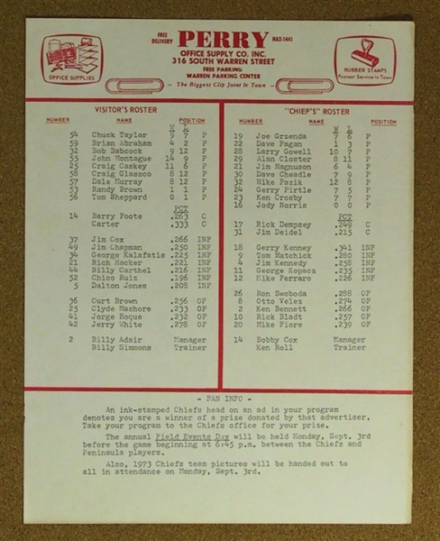 1973 Syracuse Chiefs vs. Peninsula Whips Scorecard Program w/ Roster
