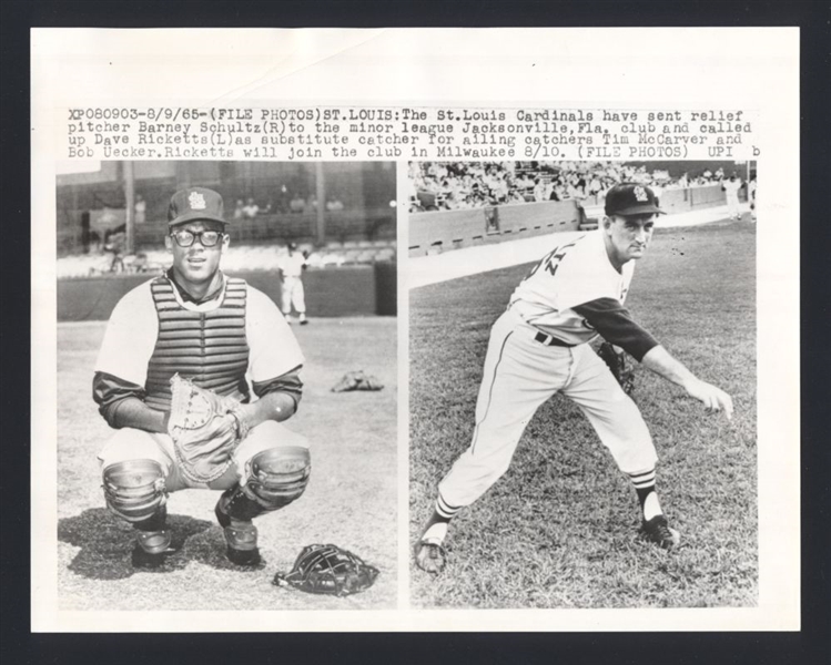 1965 St. Louis Cardinals DAVE RICKETTS & BARNEY SCHULTZ Vintage Wire Photo