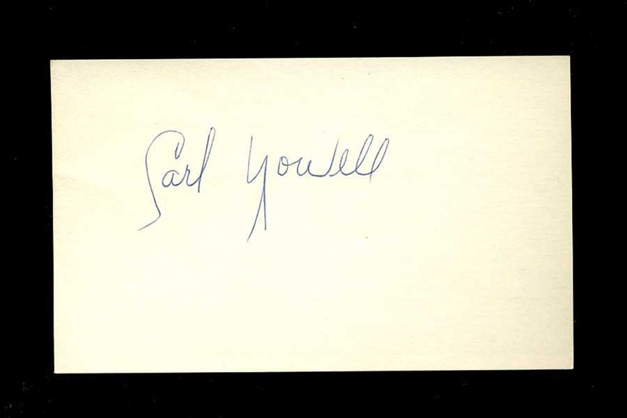 CARL YOWELL SIGNED 3x5 Index Card (d.1985) Cleveland Indians