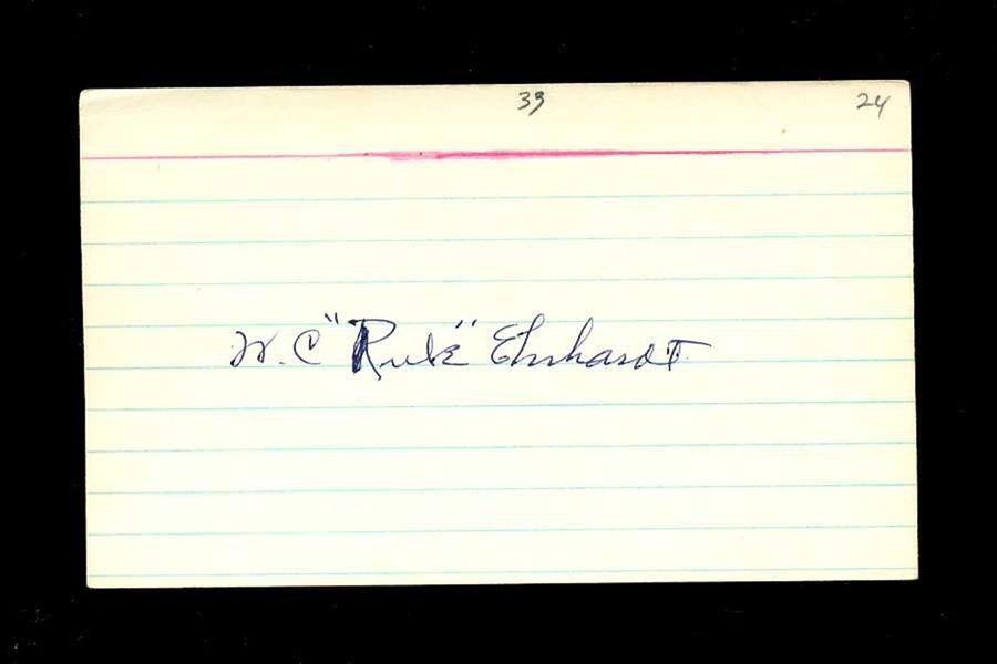 RUBE EHRHARDT SIGNED 3x5 Index Card (d.1980) Brooklyn Robins Reds