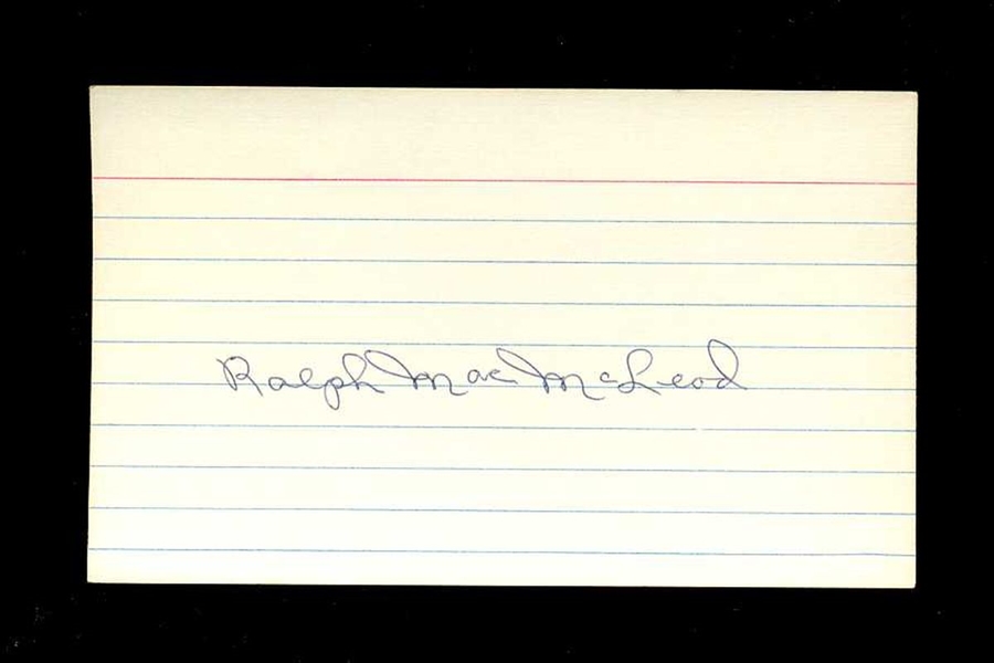 RALPH McLEOD SIGNED 3x5 Index Card (d.2007) Boston Braves 1938 Braves