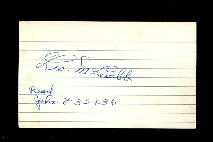 LES McCRABB SIGNED 3x5 Index Card (d.2008) Philadelphia Athletics