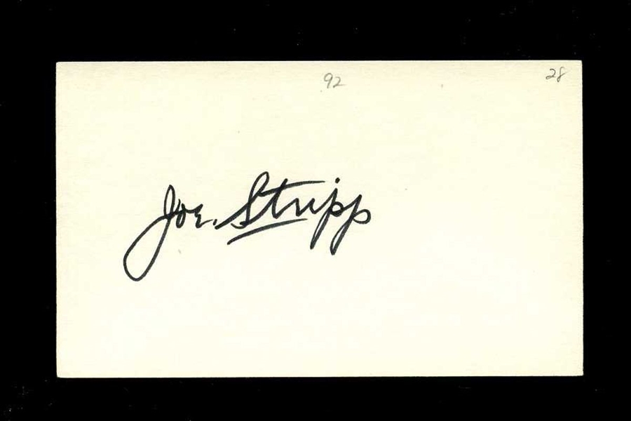 JOE STRIPP SIGNED 3x5 Index Card (d.1989) Reds Dodgers Cardinals Braves