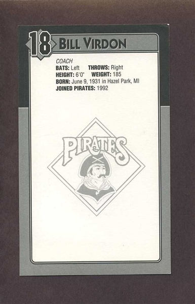 BILL VIRDON 1993 Pittsburgh Pirates SIGNED Photo Postcard (d.2021)