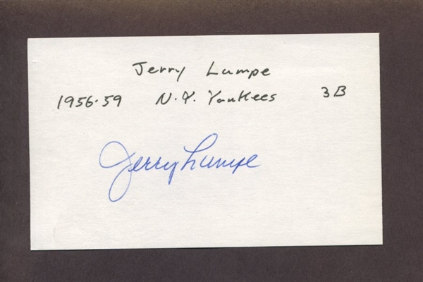 JERRY LUMPE SIGNED 3x5 Index Card (d.2014) 1958 Yankees Athletics Tigers