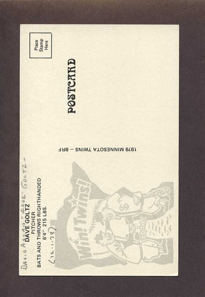 DAVE GOLTZ 1976-79 Minnesota Twins SIGNED Photo Postcard 