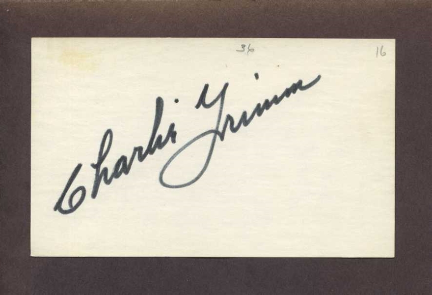 CHARLIE GRIMM SIGNED 3x5 Index Card (d.1983) Chicago Cubs