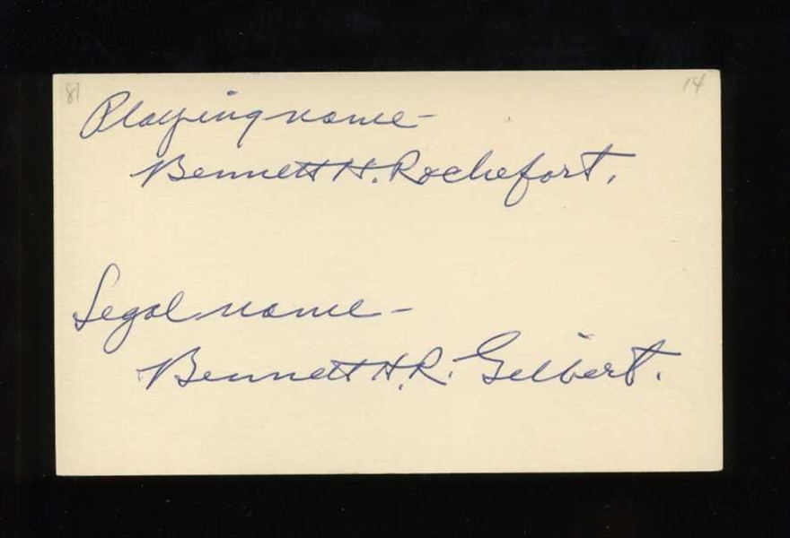 BEN ROCHEFORT SIGNED 3x5 Index Card (d.1981) 1914 Philadelphia Athletics