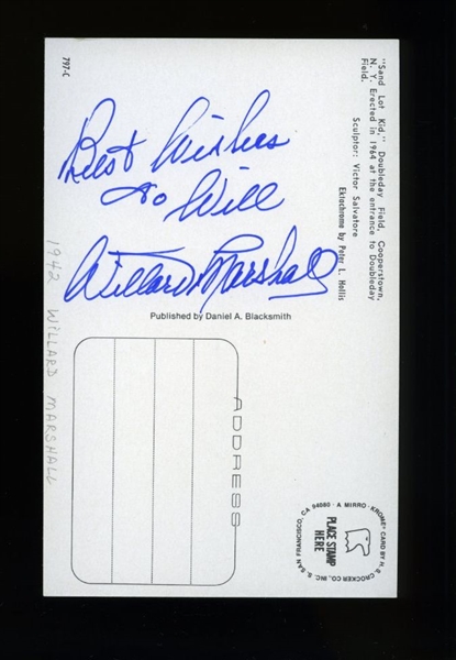 WILLARD MARSHALL SIGNED Postcard (d.2000) New York Giants Braves Reds White Sox