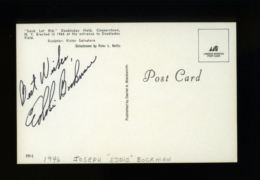 EDDIE BOCKMAN SIGNED Postcard (d.2011) Pittsburgh Pirates Yankees Indians