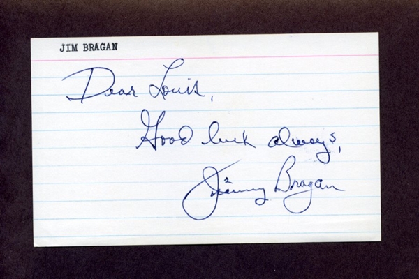 JIM BRAGAN SIGNED 3x5 Index Card (d.2001) Reds Southern League President
