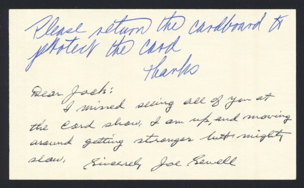 JOE SEWELL SIGNED 3x5 Index Card (d.1990) HOF 1920 Indians 1932 Yankees