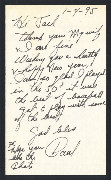 PAUL LAPALME SIGNED 3x5 Index Card (d.2010) Pittsburgh Pirates Cardinals Reds