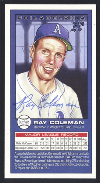 RAY COLEMAN SIGNED Card (d.2010) Philadelphia Athletics Browns White Sox