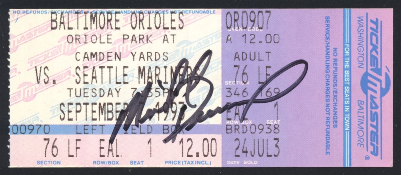 MIKE DEVEREAUX SIGNED Ticket Stub 9-7-1993 Baltimore Orioles vs Seattle Mariners