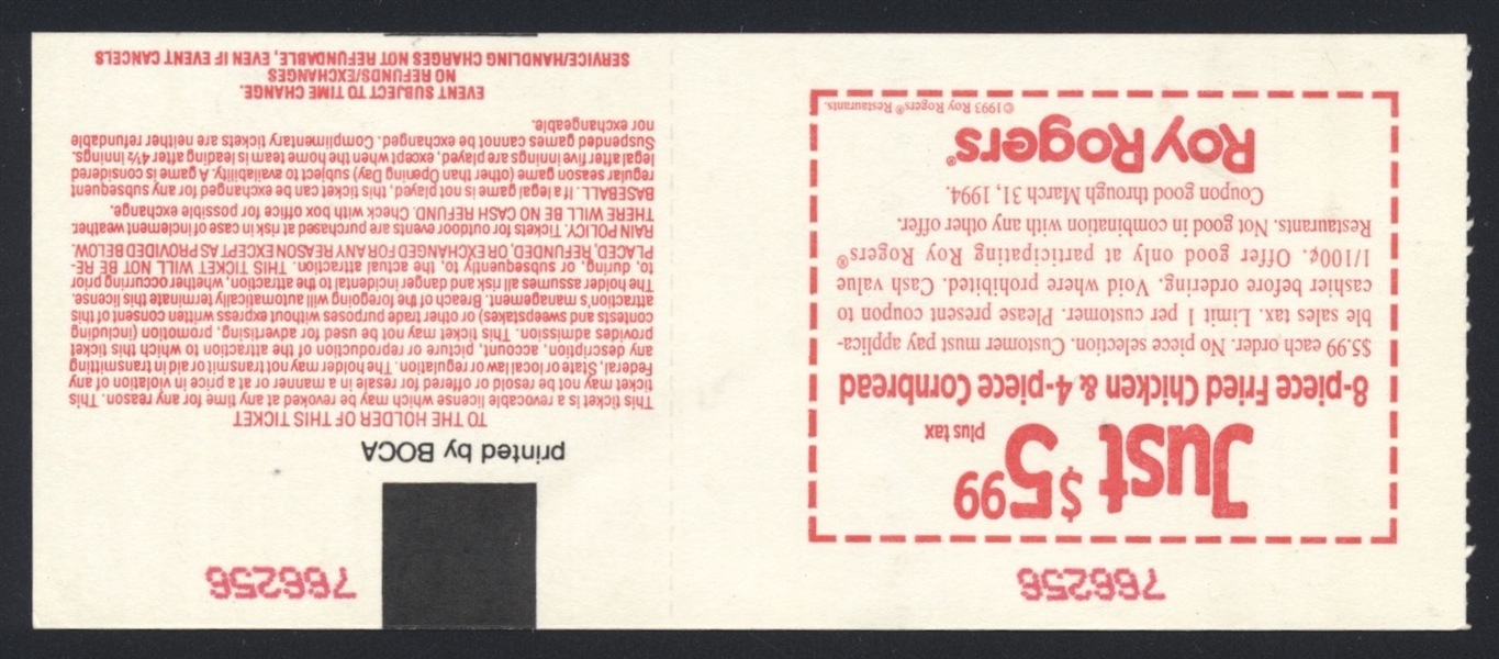 MIKE DEVEREAUX SIGNED Ticket Stub 9-7-1993 Baltimore Orioles vs Seattle Mariners