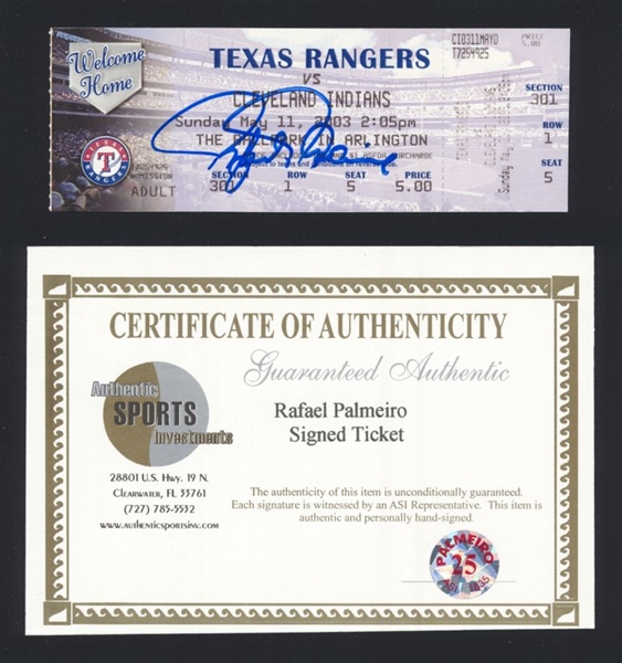 RAFAEL PALMEIRO 5/11/03 500th Homerun Full Ticket SIGNED + COA Rangers Autograph