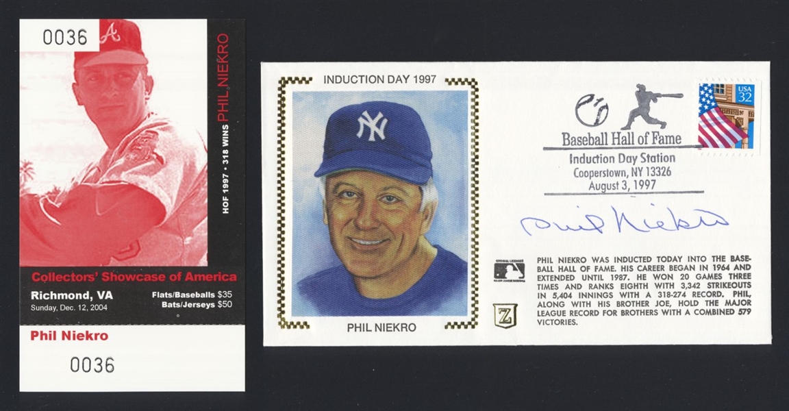 PHIL NIEKRO SIGNED HOF 1997 Induction Day Cachet + Auto Ticket (d.2020) Yankees
