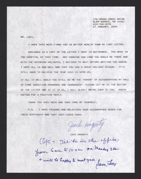 SAM LACY SIGNED Note Handwritten Letter (d.2003) HOF BBWAA Journalist