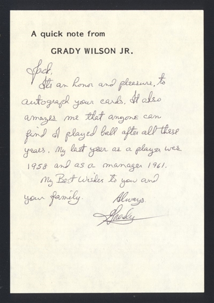 GRADY WILSON SIGNED Note Handwritten Letter (d.2003) 1948 Pittsburgh Pirates