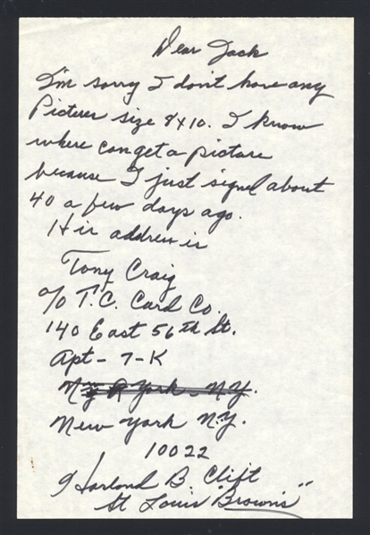 HARLOND CLIFT SIGNED Note Handwritten Letter (d.1992) St. Louis Browns Senators