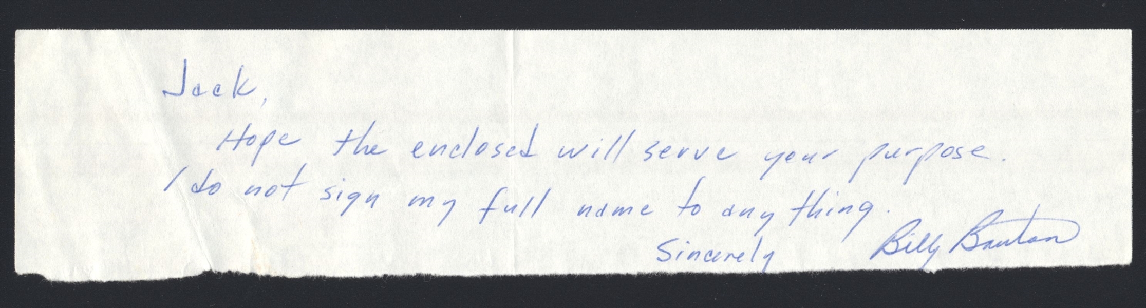 BILLY BARTON SIGNED Note Handwritten Letter