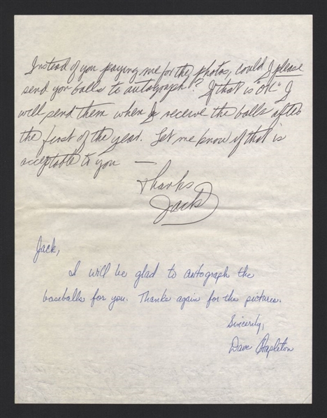 DAVE E STAPLETON SIGNED Note Handwritten Letter 1987 Milwaukee Brewers