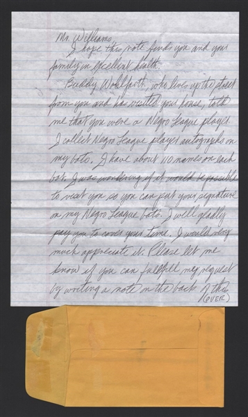 WALTER WILLIAMS SIGNED Note Handwritten Letter (d.2014) 1939 Newark Eagles