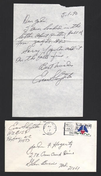 ENOS SLAUGHTER SIGNED 2x Handwritten Letter (d.2002) HOF Cardinals Yankees