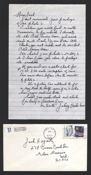 JOHNNY VANDER MEER SIGNED Handwritten Letter (d.1997) 1940 Reds Cubs Indians