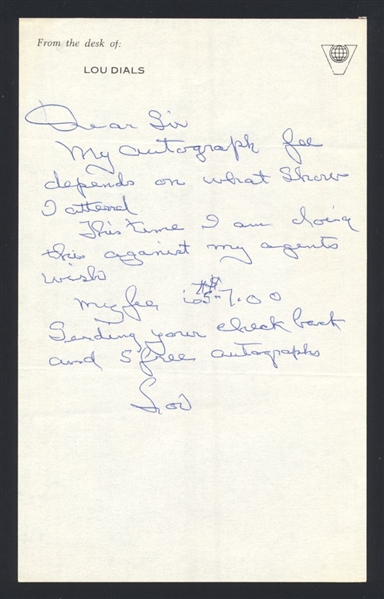 LOU DIALS SIGNED Handwritten Letter (d.1994)
