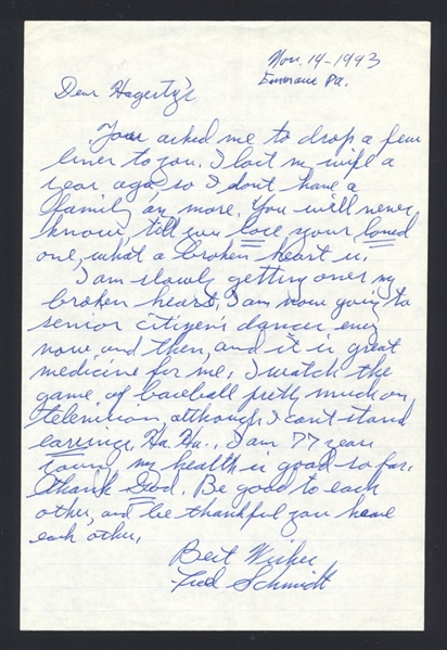FREDDY SCHMIDT SIGNED Handwritten Letter (d.2012) 1944 Cardinals Phillies Cubs
