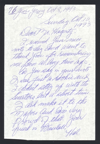 HAL TOENES SIGNED Handwritten Letter (d.2004) 1947 Washington Senators