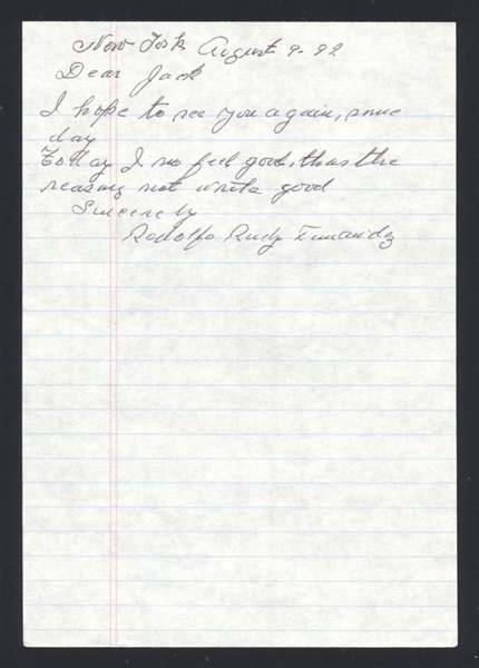 RODOLFO FERNANDEZ SIGNED Handwritten Letter (d.2000) Negro Leagues NY Cubans