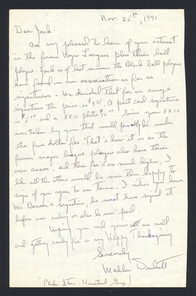 MAHLON DUCKETT SIGNED Handwritten Letter (d.2015) Negro League Stars Black
