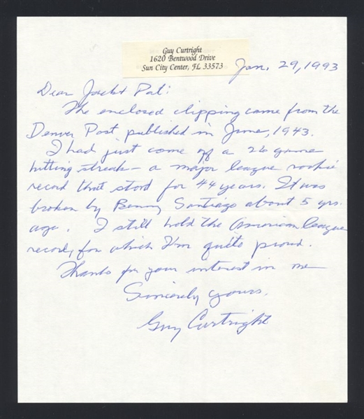 GUY CURTRIGHT SIGNED Handwritten Letter (d.1997) Chicago White Sox