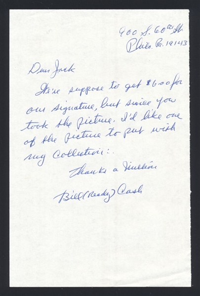 BILL CASH SIGNED Handwritten Letter (d.2011) Negro Leagues Philadelphia Stars