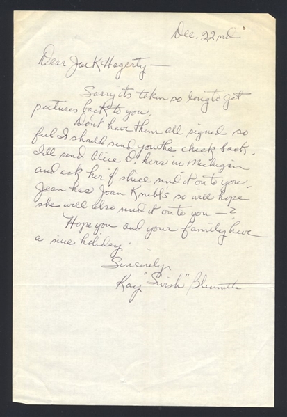 KAY BLUMETTA SIGNED Handwritten Letter (d.1997) AAGPBL Daisies Kalamazoo Lassies