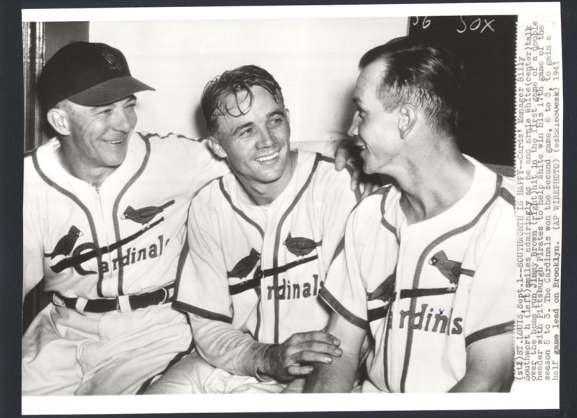 1941 Cardinals BILLY SOUTHWORTH, ERNIE WHITE & JIMMY BROWN News Wire Photo