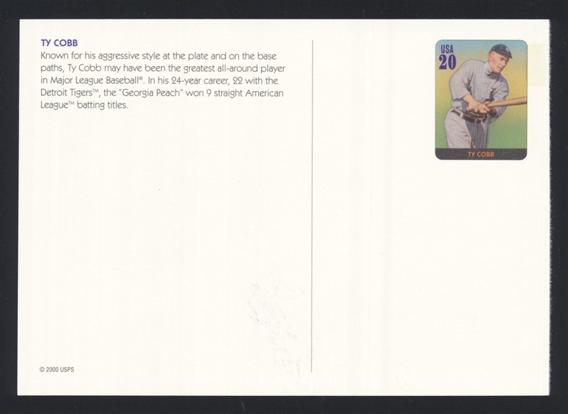 TY COBB Detroit Tigers 20-Cent Prepaid USPS Postcard 2000 HOF