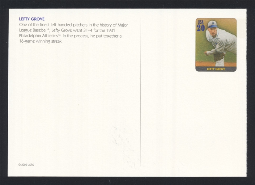 LEFTY GROVE Philadelphia Athletics 20-Cent Prepaid USPS Postcard 2000 HOF