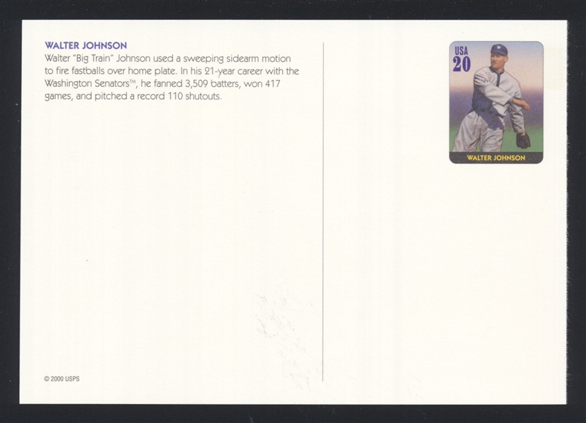 WALTER JOHNSON Washington Senators 20-Cent Prepaid USPS Postcard 2000 HOF
