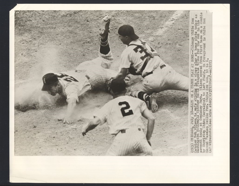 1953 White Sox RED WILSON  Sliding vs ED FITZGERALD & NELLIE FOX Wire Photo