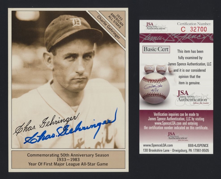 CHARLIE GEHRINGER (d.1993) SIGNED Conlon Collection Card JSA Auth Tigers HOF