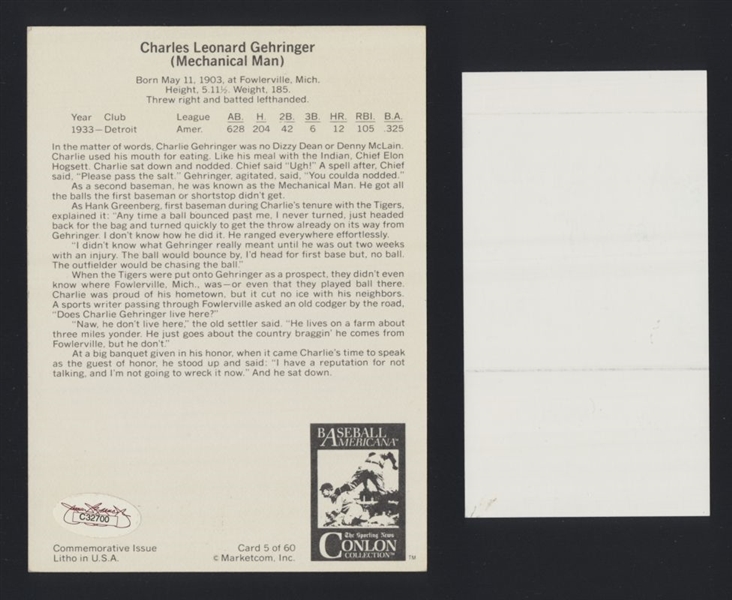 CHARLIE GEHRINGER (d.1993) SIGNED Conlon Collection Card JSA Auth Tigers HOF